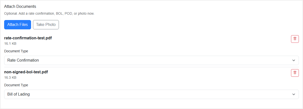 Attach Documents card from the Create Load page, showing two files attached and ready