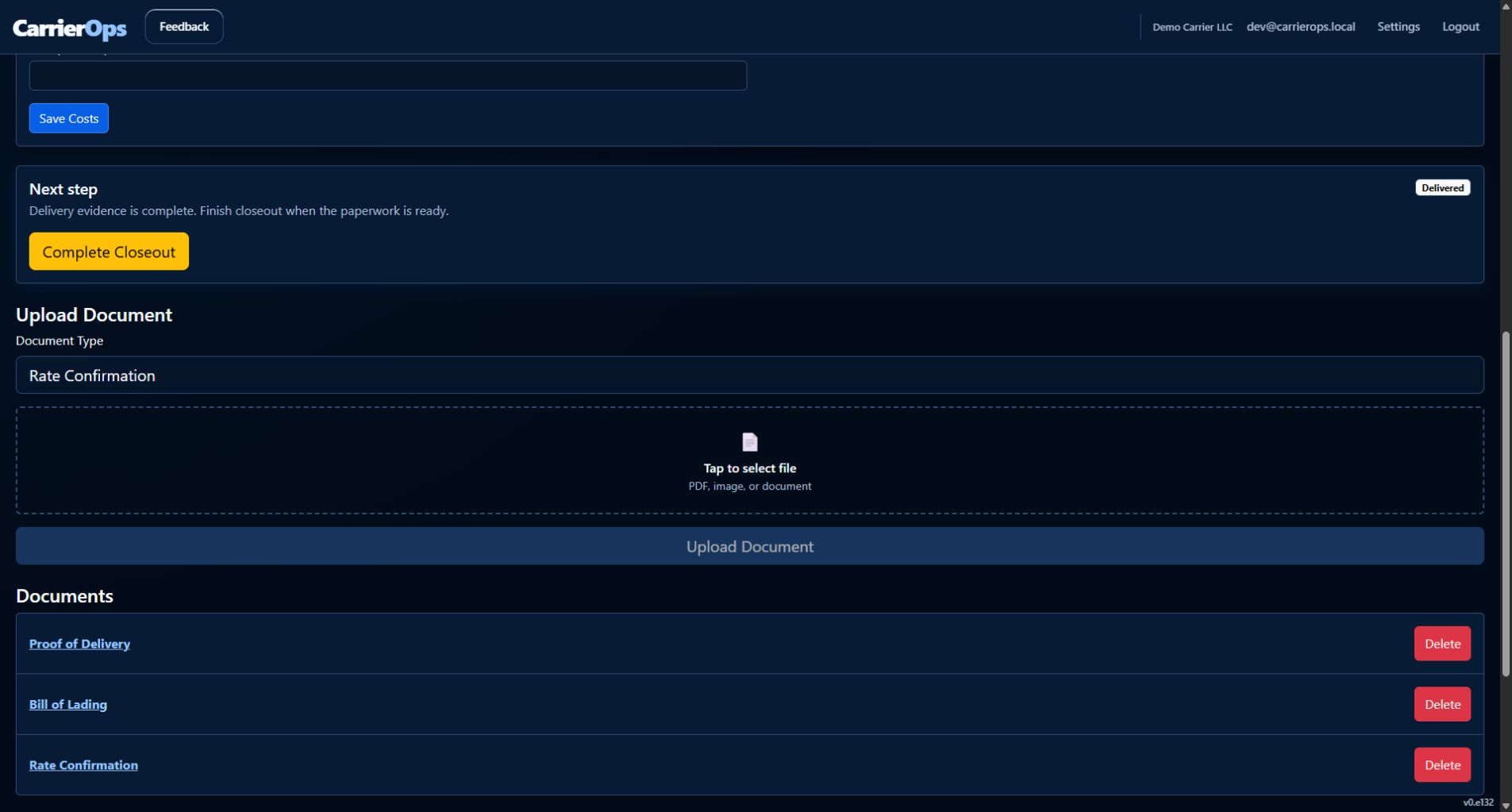CarrierOps delivered load showing proof of delivery and the complete closeout action
