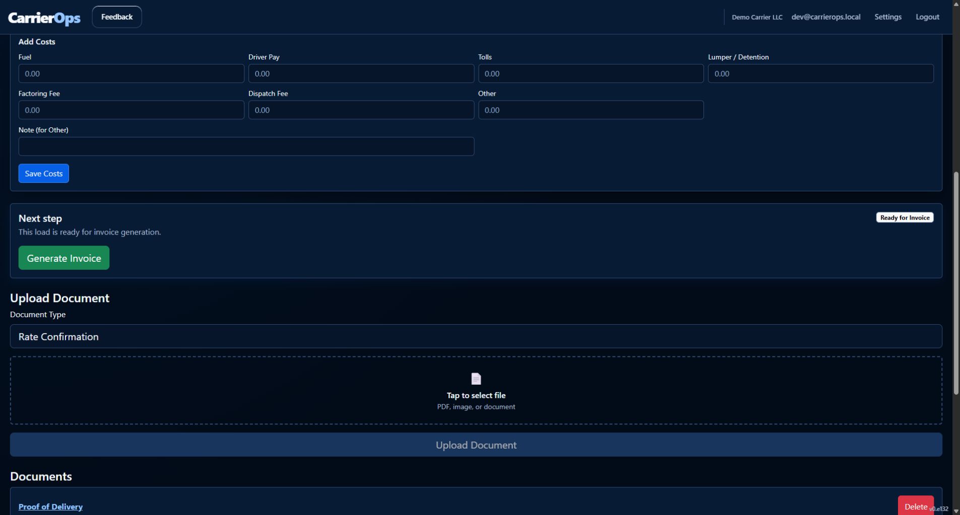 CarrierOps load screen showing a load ready for invoice generation